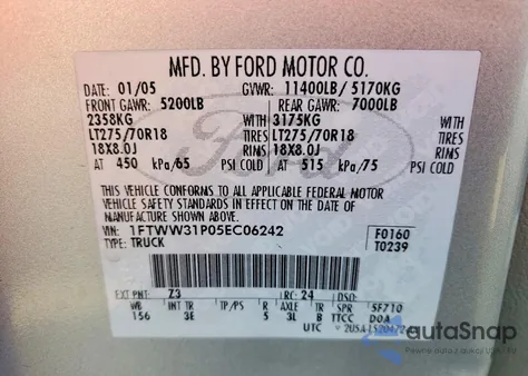 2005 Ford F350 Srw Super Duty z USA, uszkodzony, nr VIN 1FTWW31P05EC06242